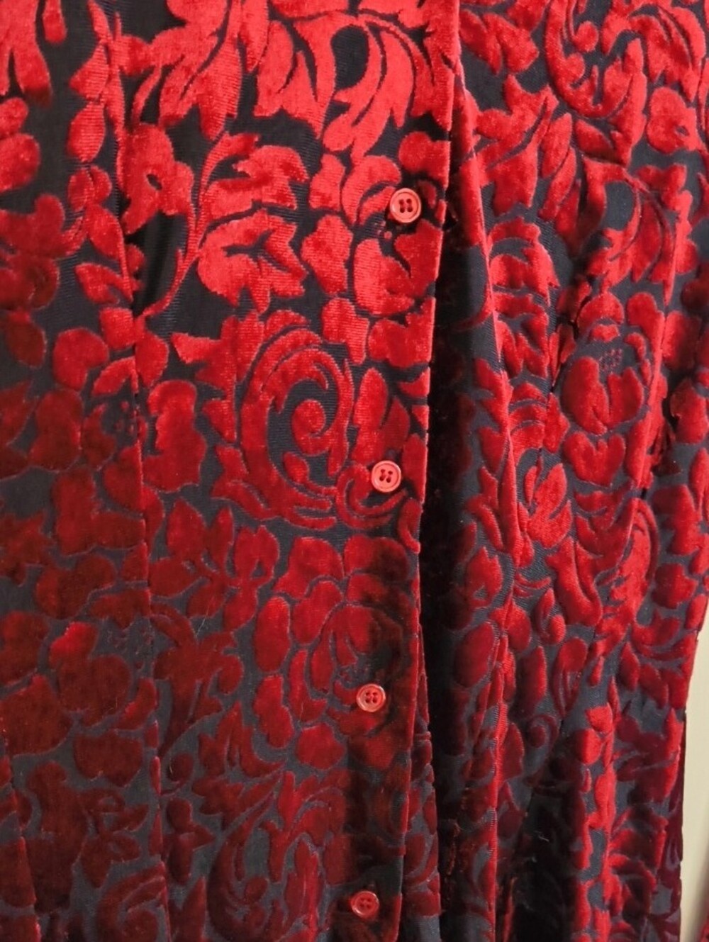 Ultra Pink Burgundy Black Velvet Floral V Neck Flare Sleeve Blouse Small - Picture 4 of 6